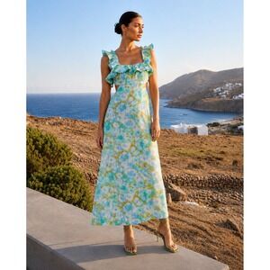 Zimmermann High Tide Frilled Midi Dress Aqua Ikat Floral Linen AU 0/US 4 Small